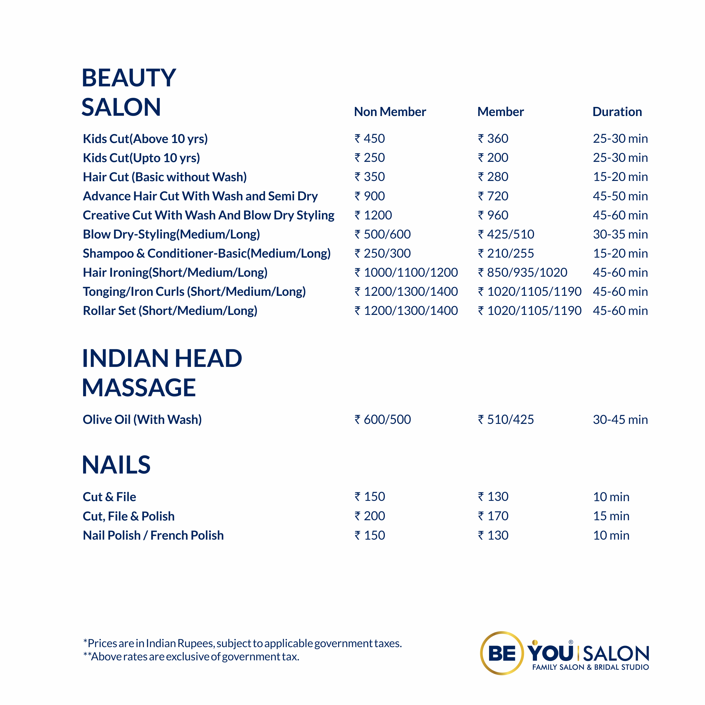 Menus for Women's – Be You Salons